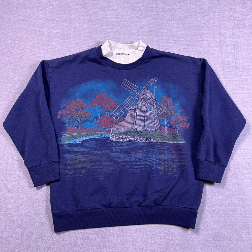 VTG Nutcracker Windmill Graphic Double Collar Sweatshirt Womens Small Navy Blue